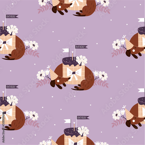 Seamless pattern with dog and cake. Festive wallpaper with dachshund in vintage style. Vector hand drawn illustration