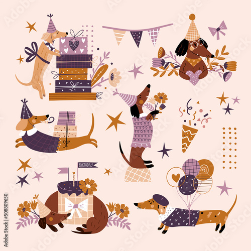 Vector set of illustrations with a dachshund on a white background. Festive illustrations with cute dog, flowers, cake and gift boxes. Vector illustration in vintage style