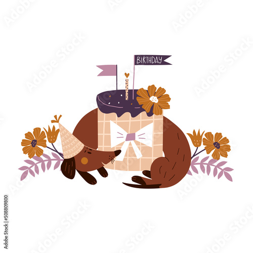 Vector illustration with dog and cake. Festive print with vintage style dachs...