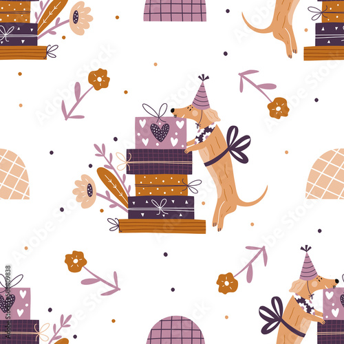 Wallpaper Mural Seamless pattern with dog and gift boxes. Festive wallpaper with dachshund in vintage style. Vector hand drawn illustration Torontodigital.ca