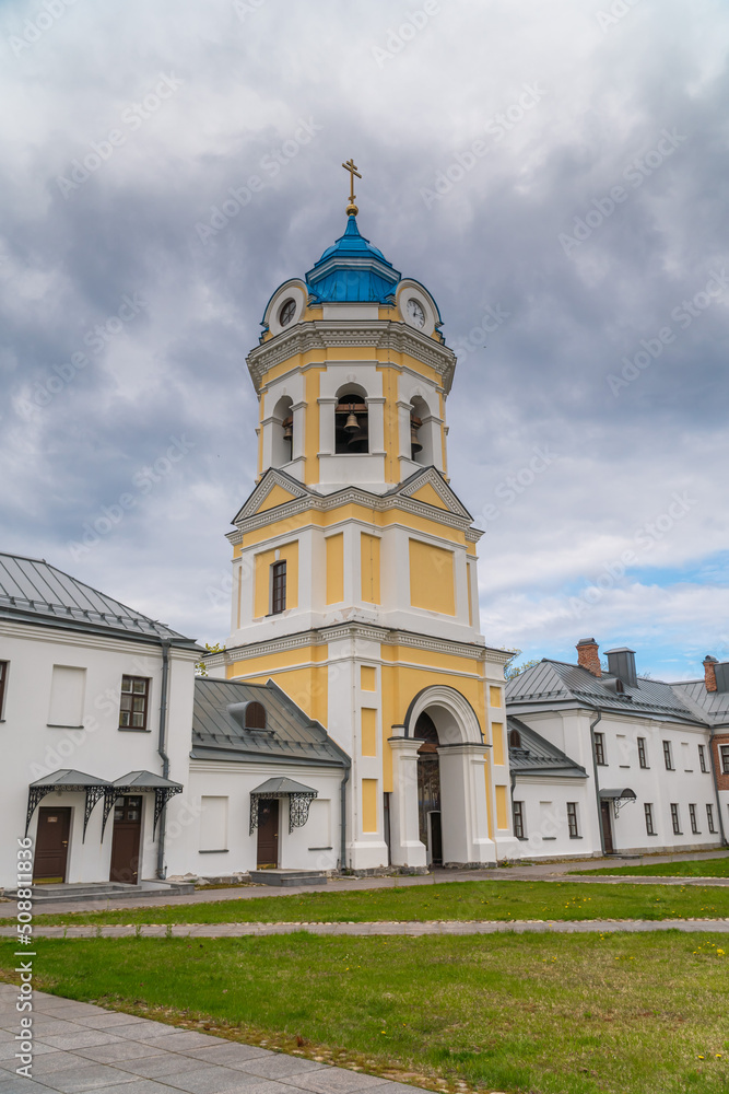 Russia. Leningrad region. May 29, 2022. Bell tower of the Nativity of the Theotokos Monastery on the island of Konevets.