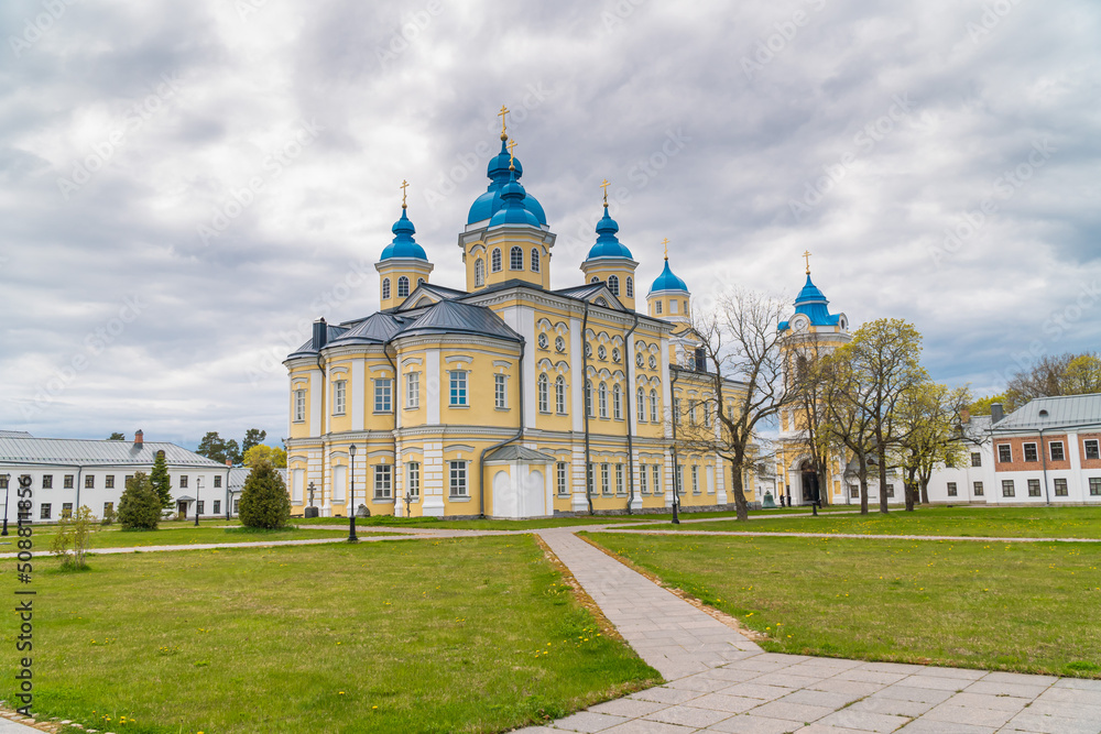Russia. Leningrad region. May 29, 2022. Cathedral of the Nativity of the Virgin on the island of Konevets.