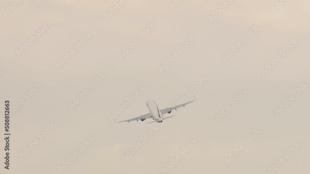 Airplane taking off from the airport. Passenger aircraft takes off against the sky with clouds. Jet Climbing away Airplane taking off from the airport. Passenger aircraft takes off against the sky with clouds. Jet Climbing away