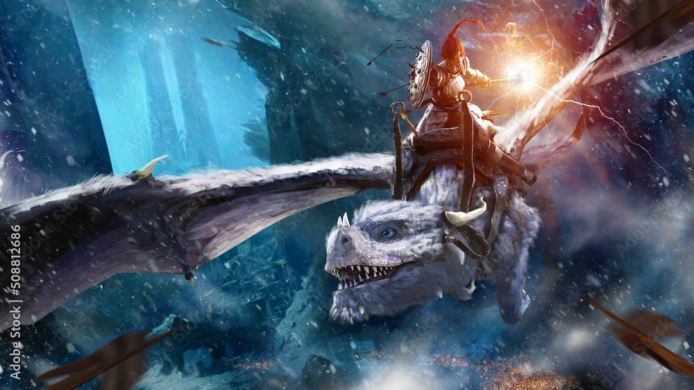 Fototapeta premium A militant dwarf girl on a cute in plate armor with a shield and an electric hammer flies into battle on a cute kind white dragon with a fluffy and spiked body over the icy mountains. 3d rendering