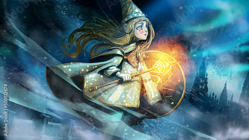 Billede på lærred A sweet young sorceress girl with golden hair and green eyes in a crumpled robe with a cap with a golden mace and shield looks at the starry sky standing in front of a windy snowstorm