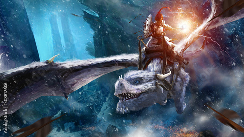 Fotografiet A militant dwarf girl on a cute in plate armor with a shield and an electric hammer flies into battle on a cute kind white dragon with a fluffy and spiked body over the icy mountains