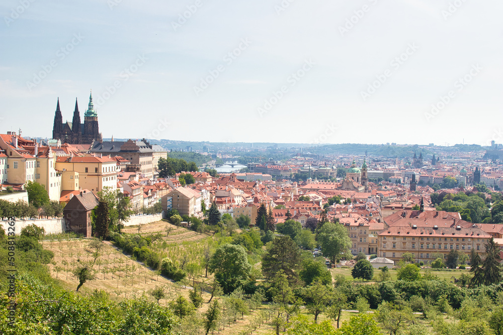 View of Prague Castle and the city from the terrce of Strahov Monastery.