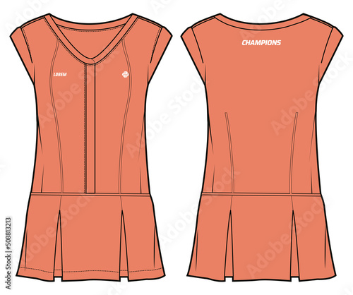 Women Sleeveless drop waist tennis dress with mini skirt sports top jersey design flat sketch fashion Illustration suitable for girls and Ladies, dress for tennis, netball, badminton sport kit