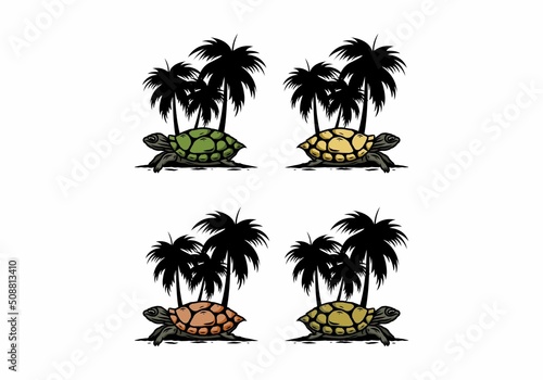 Sea turtle under the coconut tree illustration