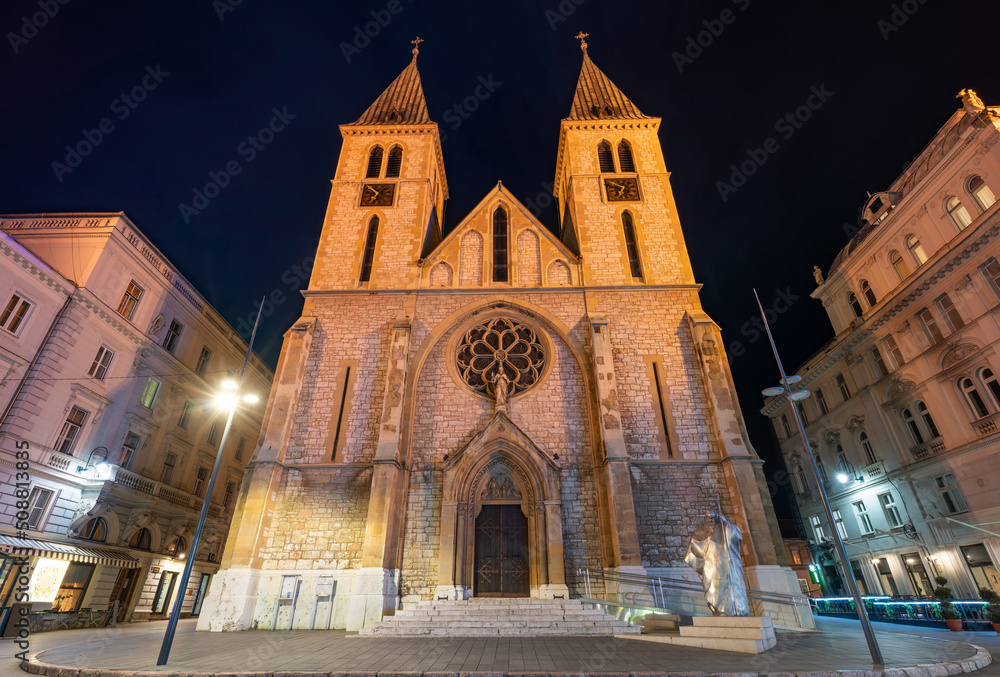 View of Cathedral of Jesus' Sacred Heart at night, Sarajevo, Bosnia and Herzegovina