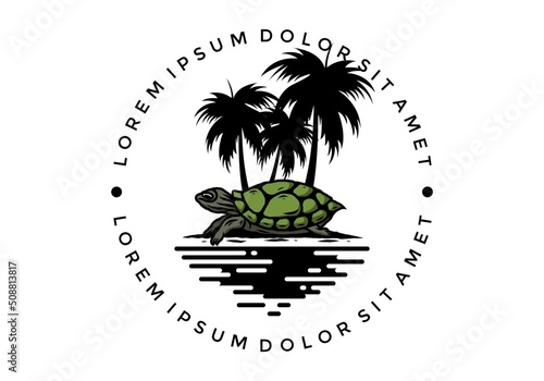 Sea turtle under the coconut tree illustration