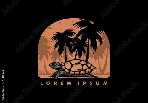 Sea turtle under the coconut tree illustration