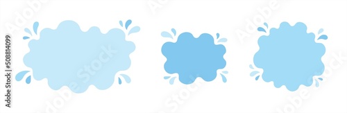 Blue water shapes set, text frames collection with uneven, sinuous wavy edge. Fluid, paint spot, puddle, rounded stain, blot with splashes, drops, blobs. Liquid graphic design elements, backgrounds.