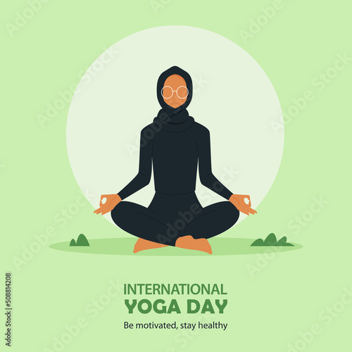 21 June Happy international yoga day banner or poster with young muslim woman wearing hijab sitting in meditation or lotus yoga post on greensward.