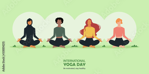 21 June Happy international yoga day banner or poster with healthy diversity people sitting in meditation or lotus yoga post on greensward. 