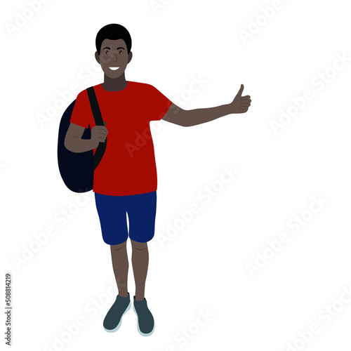 Portrait of a black guy with a backpack, hitchhiking, flat vector isolated on white background, traveler, road travel