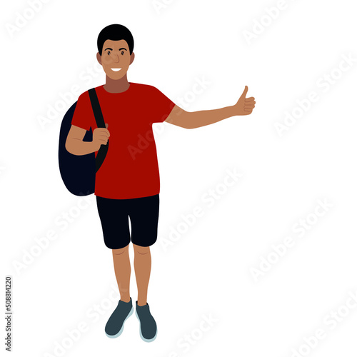 Portrait of a indian guy with a backpack, hitchhiking, flat vector isolated on white background, traveler, road travel