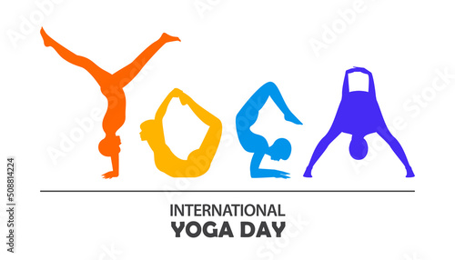 Detailed colorful silhouette yoga pose or asana posture. Woman in handstand pose, bowl pose, scorpion pose, wide legged forward bend pose combined with word YOGA. Women exercising for body stretching.