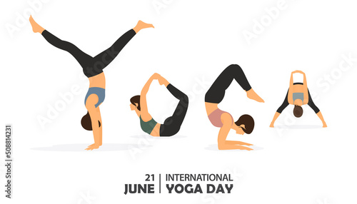 Healthy Woman in handstand pose, bowl pose, scorpion pose, wide legged forward bend pose combined with word YOGA. Girl in yoga pose or asana posture exercising for body stretching. Fitness concept.