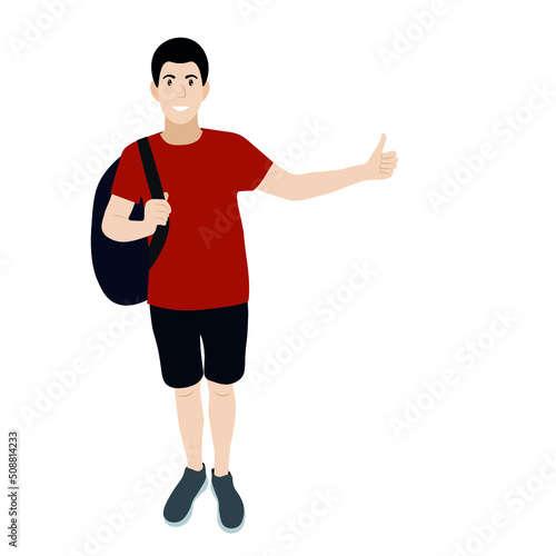 Portrait of a guy with a backpack, hitchhiking, flat vector isolated on white background, traveler, road travel