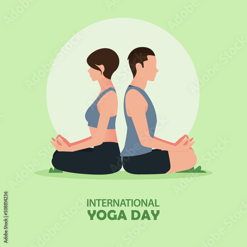 21 June International yoga day banner or poster with healthy couple sitting in meditation or lotus yoga pose on greensward. 