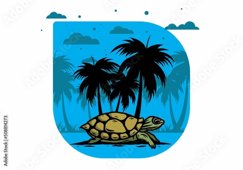 Sea turtle under the coconut tree illustration