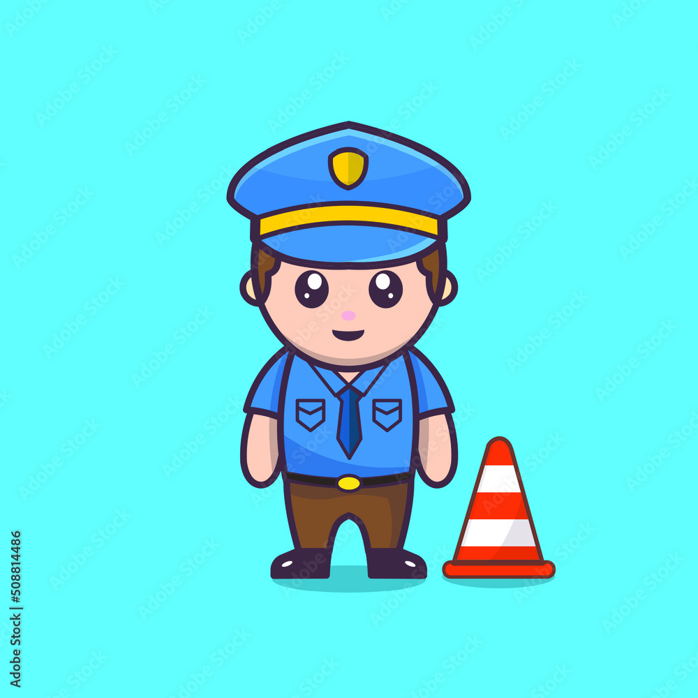 Illustration of a police officer of a man working with a smile. Crossing guard. Control, pedestrians safety. Vector illustration, flat character cartoon style. Isolated on blue background. Illustration of a police officer of a man working with a smile. Crossing guard. Control, pedestrians safety. Vector illustration, flat character cartoon style. Isolated on blue background.