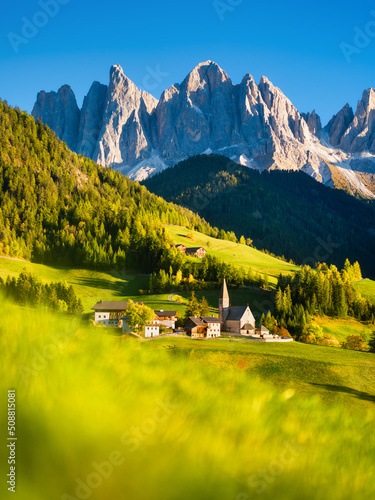 Santa Maddalena. Val di Funes. Dolomite Alps. Italy. The mountains and the fo...