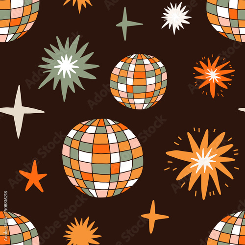 Colorful Small Scale Hand-Drawn disco balls Vector Seamless Pattern. Retro 70s Style Nostalgic Fashion Textile Bold Background. Seventies Style, Groovy Floral Background, Wallpaper