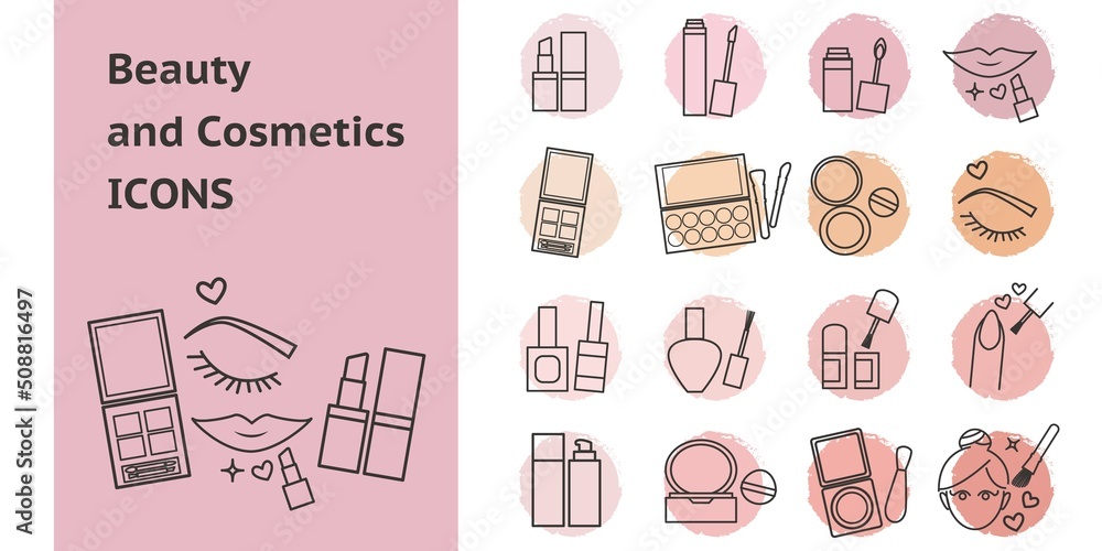 Set of Beauty and Cosmetics icons. Cosmetic products line icons collection. Lips, Eye shadows, Neils and Face cosmetics graphic elements. Vector illustration.