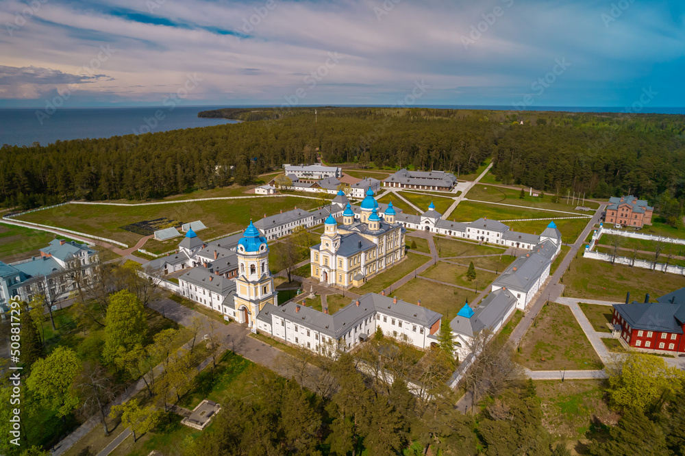 Russia. Leningrad region. May 29, 2022. View of the Konevetsky Nativity-Theotokos Monastery from a bird's-eye view.