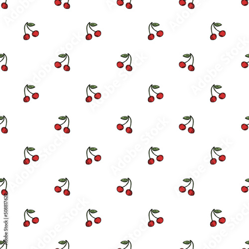 Seamless cherry pattern. Doodle vector with red cherry icons. Vintage cherry pattern