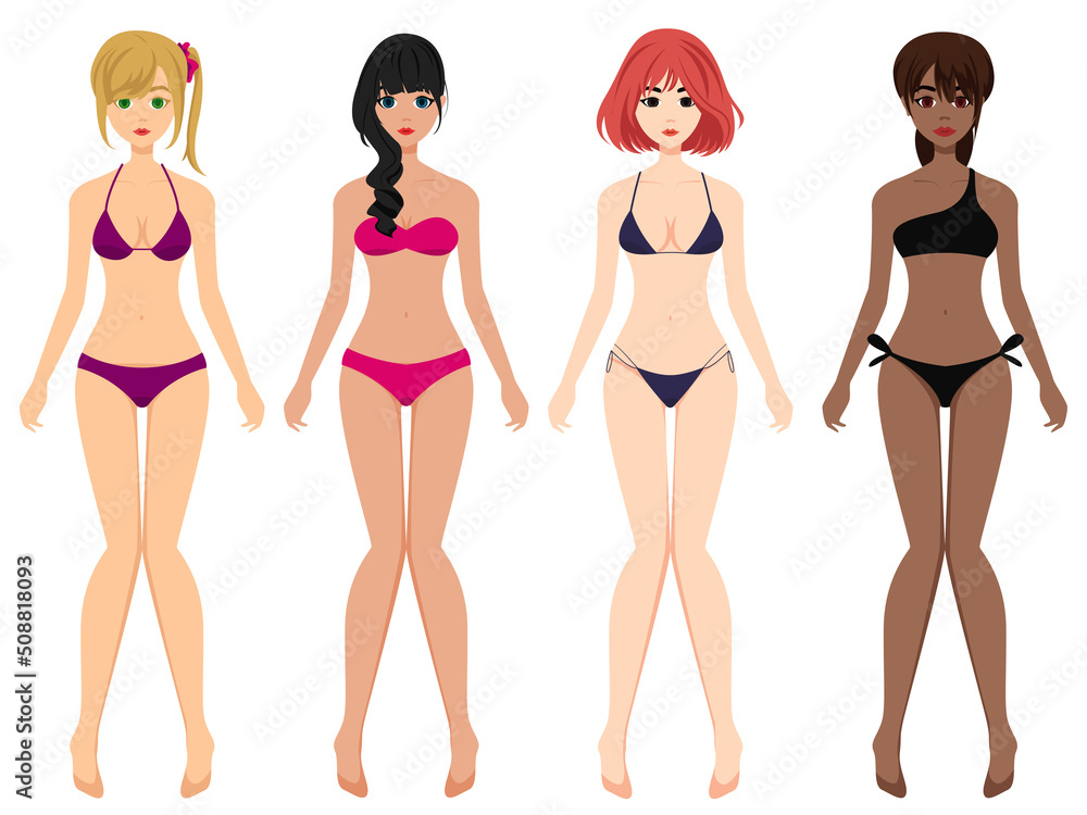 Variety of swimsuits and bikinis with cute girls illustration Variety of swimsuits and bikinis with cute girls illustration