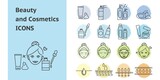 Set of Beauty and Cosmetic icons. Skincare line icons collection. Lotions, serum, Cream, Face, skin, water and moisture graphic element. Vector illustraiton. 