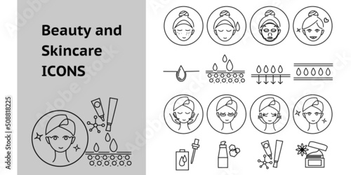 Set of Skincare icons. Skincare and Cosmetics line icons collection. Facial, Spa, Moisturising, Skincare, serum, cream graphic elements. Vector illustration.
