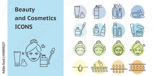 Set of Beauty and Cosmetic icons. Skincare line icons collection. Lotions, serum, Cream, Face, skin, water and moisture graphic element. Vector illustraiton. 