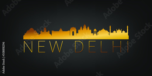 New Delhi, Delhi, India Gold Skyline City Silhouette Vector. Golden Design Luxury Style Icon Symbols. Travel and Tourism Famous Buildings.