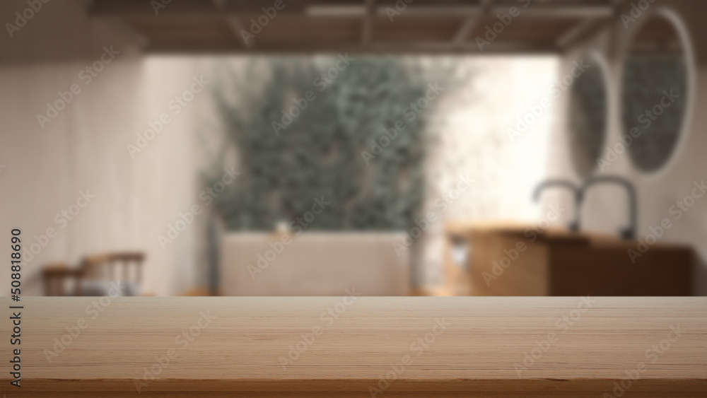 Empty wooden table, desk or shelf with blurred view of exterior bathroom, bathtub, washbasin and ivy on the wall, modern interior design concept Empty wooden table, desk or shelf with blurred view of exterior bathroom, bathtub, washbasin and ivy on the wall, modern interior design concept