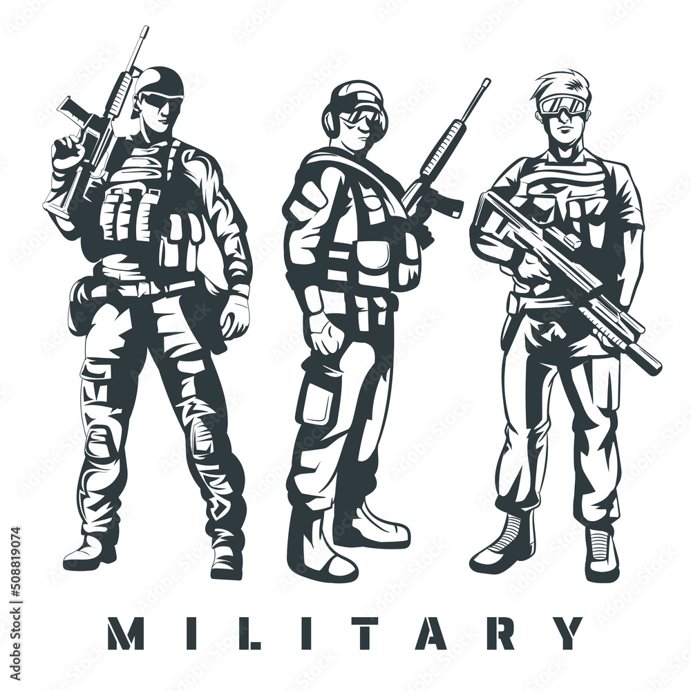 Obraz premium Army or soldier character vector collection
