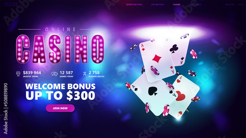 Online casino, welcome bonus, banner for website with button playing cards with poker chips flying out of the portal