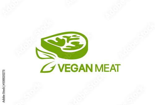 Vegetarian meat logo design. Vegan steak with leaves vector design. Plant based meat logotype