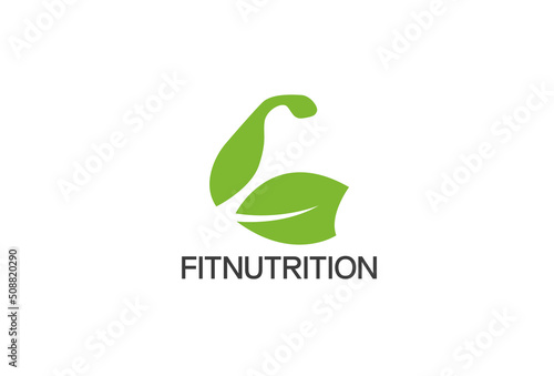 Biceps and Leaf Logo Template. Sports Nutrition Vector Design. Muscles Illustration
