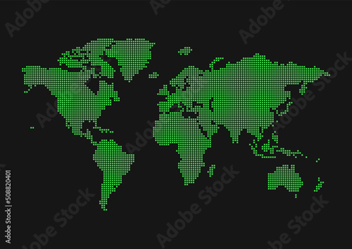 黒い背景に緑色の世界地図 - シンプルな四角いドットのワールドマップ 