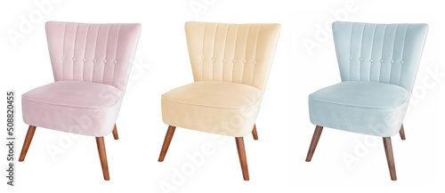 A set of three upholstered chairs in pink, yellow, and mint colors on a white background.