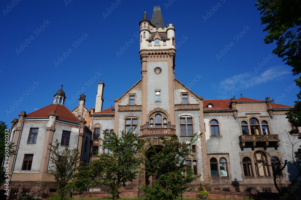 Oskar Schon Palace built in an eclectic style with a neo-gothic tower. Sosnowiec, Poland.