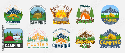 Set of camping lettering, adventure isolated hand drawn typography design for greeting print label poster vector illustration