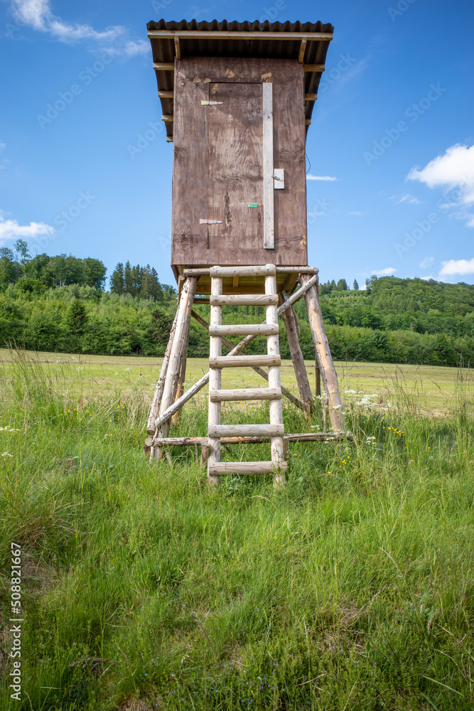 wooden ladder stand for hunting in the landscape