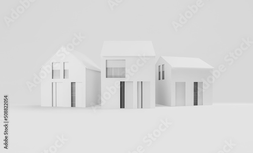 architectural model of modern houses on the desk, isolated on white background, banner layout with copy space for building construction plan or real estate sale, Image usable for concept of bank loan