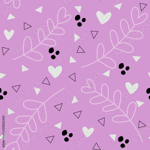Simple floral seamless leaves and hearts and triangle pattern for fabrics and wrapping paper and gifts and kids © Tetiana