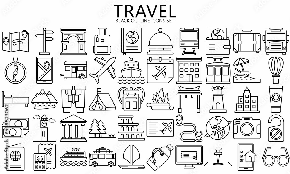 Tour and travel outline icon set. Contains such Icons as World Map, Connections, Global Business. Used for modern concepts, web, UI, UX kit and applications. vector EPS 10 ready to convert to SVG.